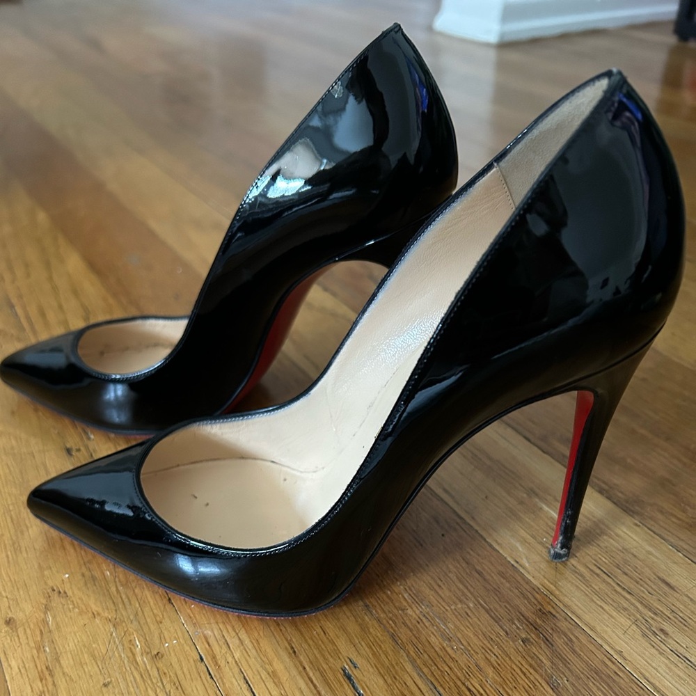 Christian Louboutin Black Patent Leather Pointy Toed Heels, Resoled, EU size 37